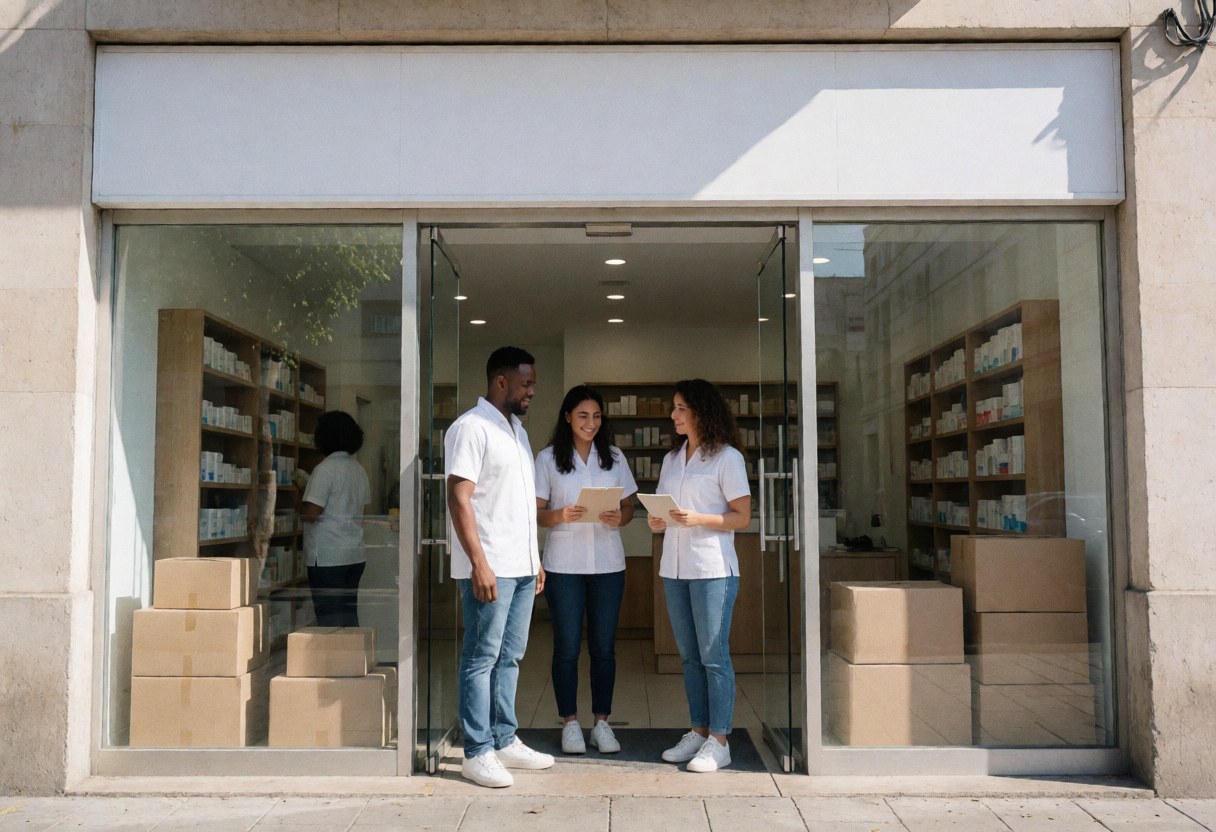 Three people at the clinic entrance, two holding documents, with a professional and welcoming atmosphere and visible product displays.