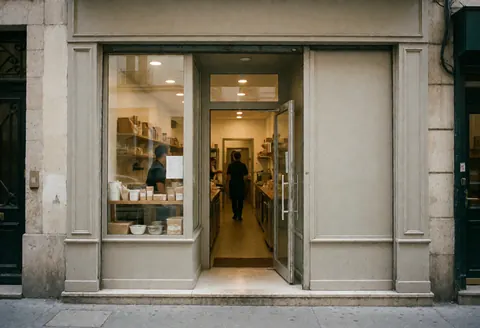 Entrance of a minimarket with warm lighting, showing staff working inside and products in the display case, creating a clean and welcoming atmosphere.