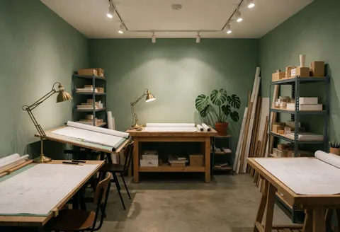 Green walled architecture office featuring concrete floors, bronze lamps, drafting tables, plants, and design tools.