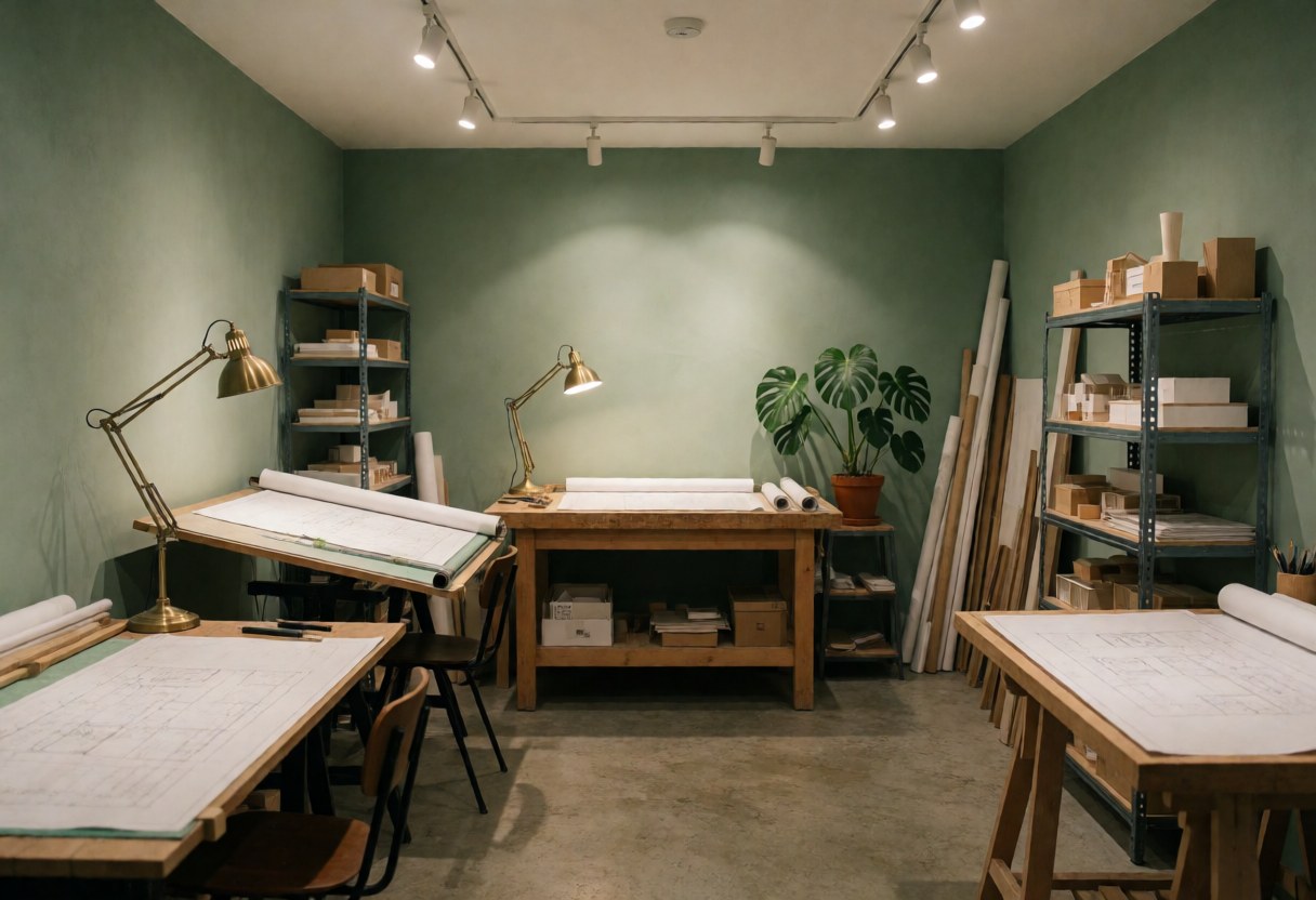 Green walled architecture office featuring concrete floors, bronze lamps, drafting tables, plants, and design tools.