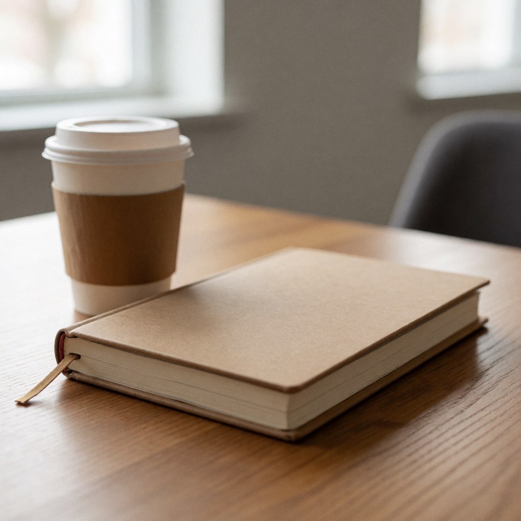 Notebook and coffee cup on a wooden desk in an office or workspace.