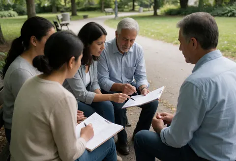 Adult colleagues reviewing documents and taking notes during an outdoor business meeting in a park