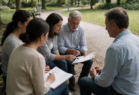 Five people seated outdoors in a park reviewing documents on clipboards, appears to be a business meeting.