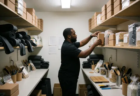 A man organizing boxes and products on shelves in a warehouse.