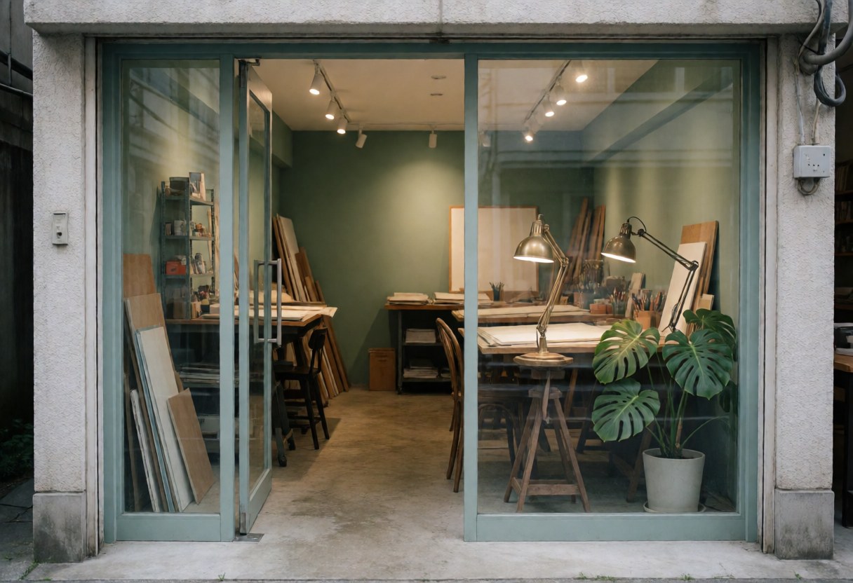 Architecture studio facade with tables, chairs, lamps and plants visible.