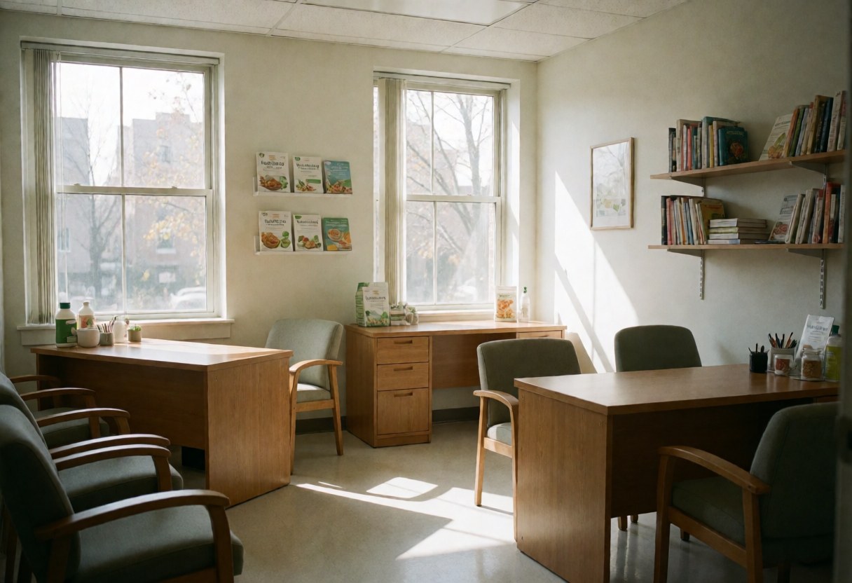 Consultation room with wooden tables, chairs, and bookshelves, lit by sunlight.