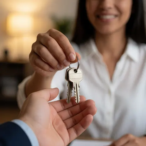 A close-up of a hand handing over house keys to a client in an office setting, symbolizing trust and security services.