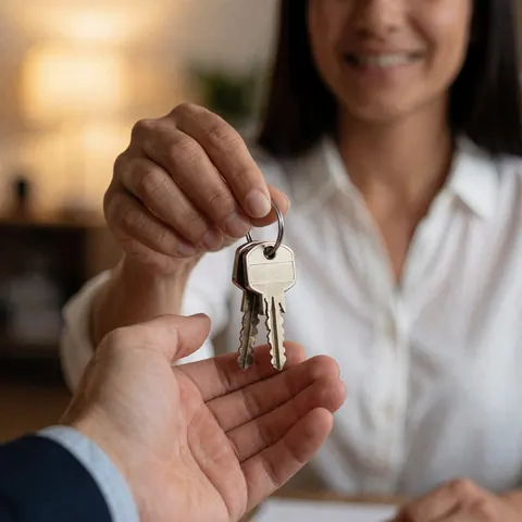 A close-up of a hand handing over house keys to a client in an office setting, symbolizing trust and security services.