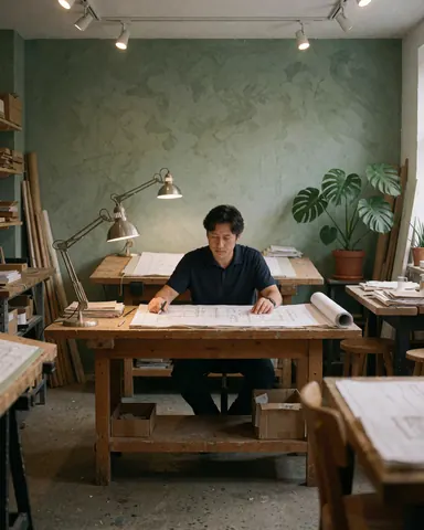 Man in architecture workshop reviewing blueprints on wooden desk with lamp and monstera plant in background