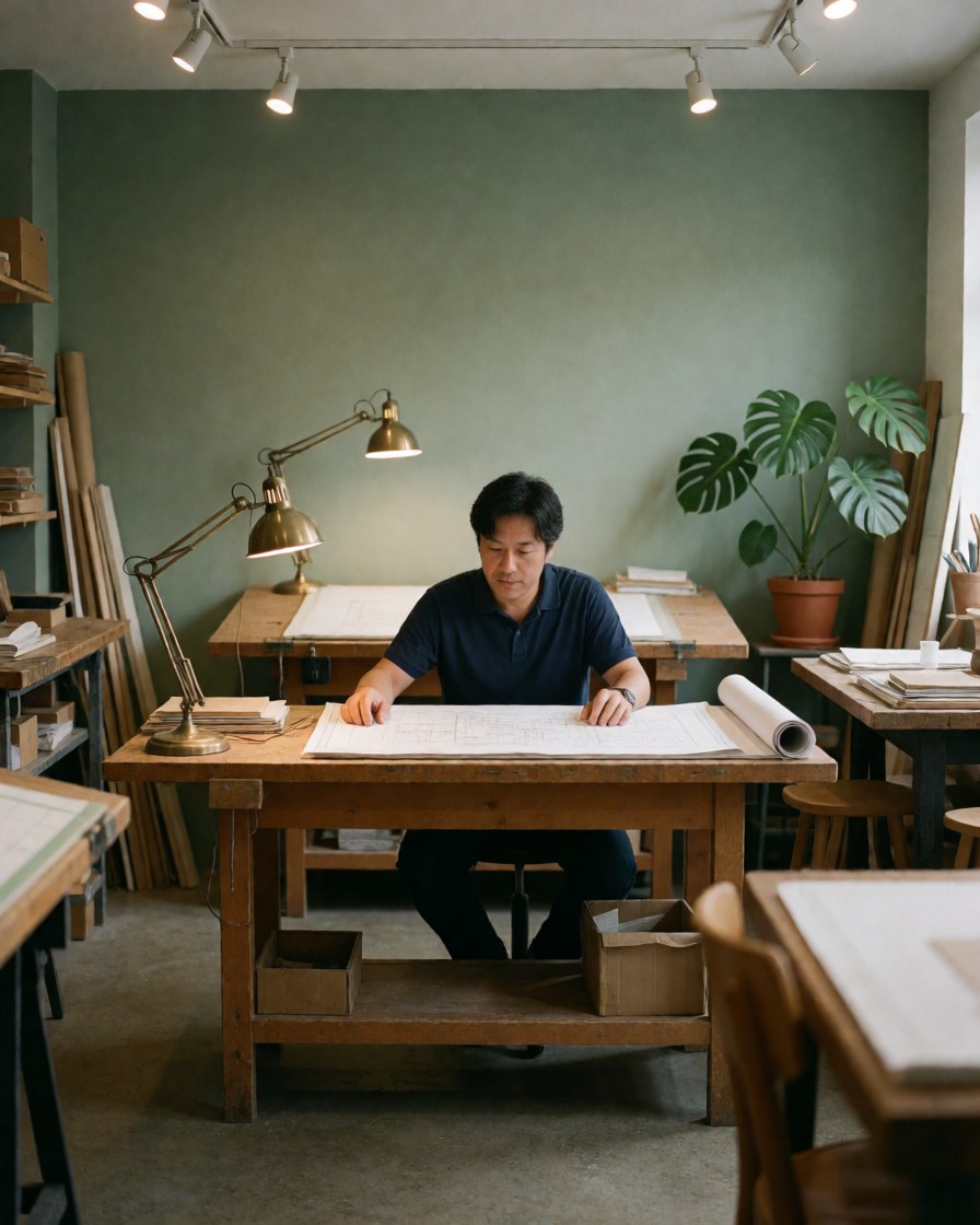 Man in architecture workshop reviewing blueprints on wooden desk with lamp and monstera plant in background