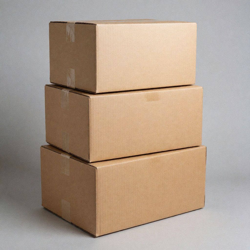 Three cardboard boxes stacked and taped on a neutral gray background, ideal for logistics and shipping