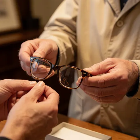 Close-up of a hand delivering a pair of completed eyeglasses to a client in an optical store, highlighting quality service.