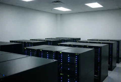 Server room with rows of black servers and blue lights glowing in a clean, modern environment.