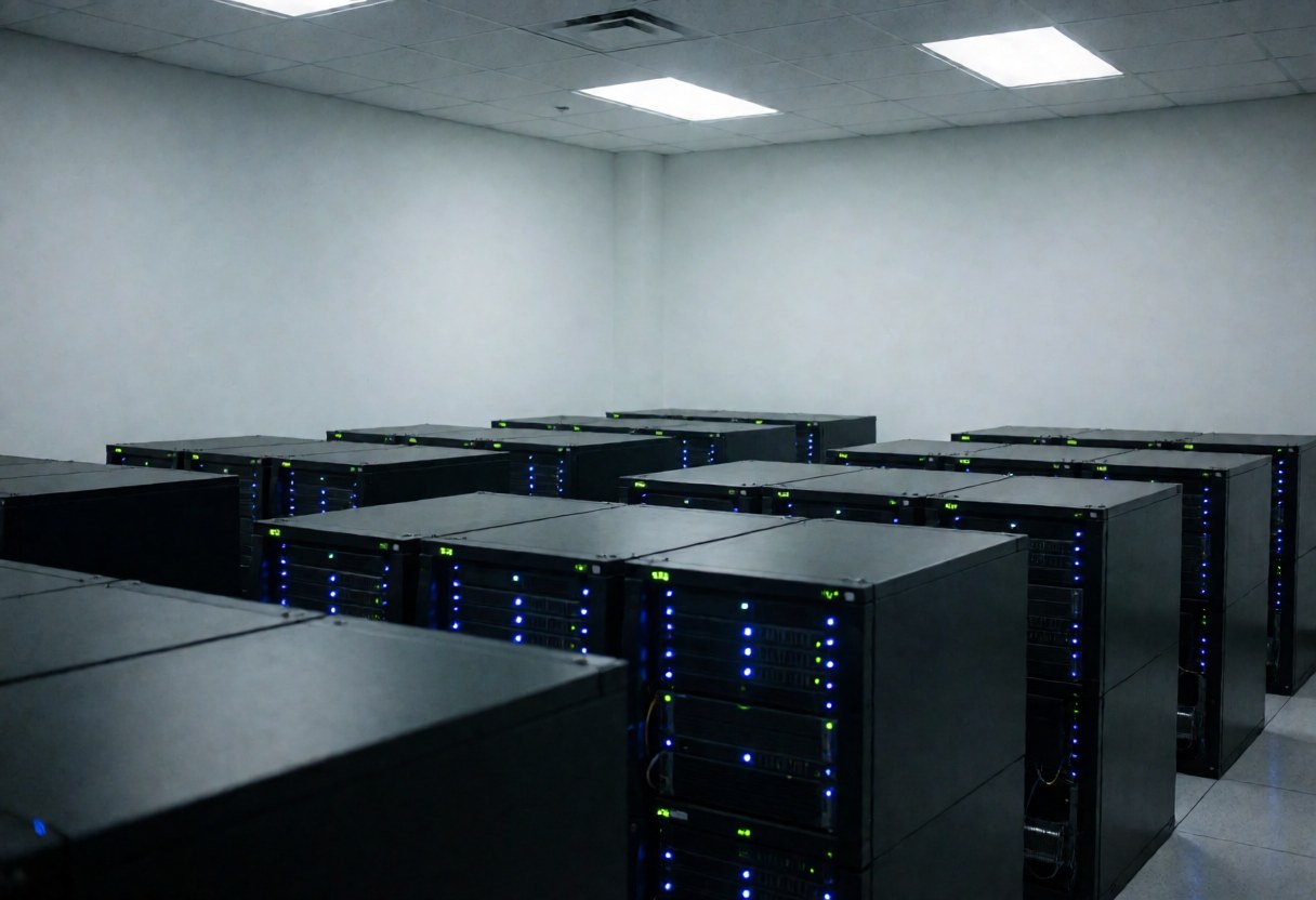 Server room with rows of black servers and blue lights glowing in a clean, modern environment.