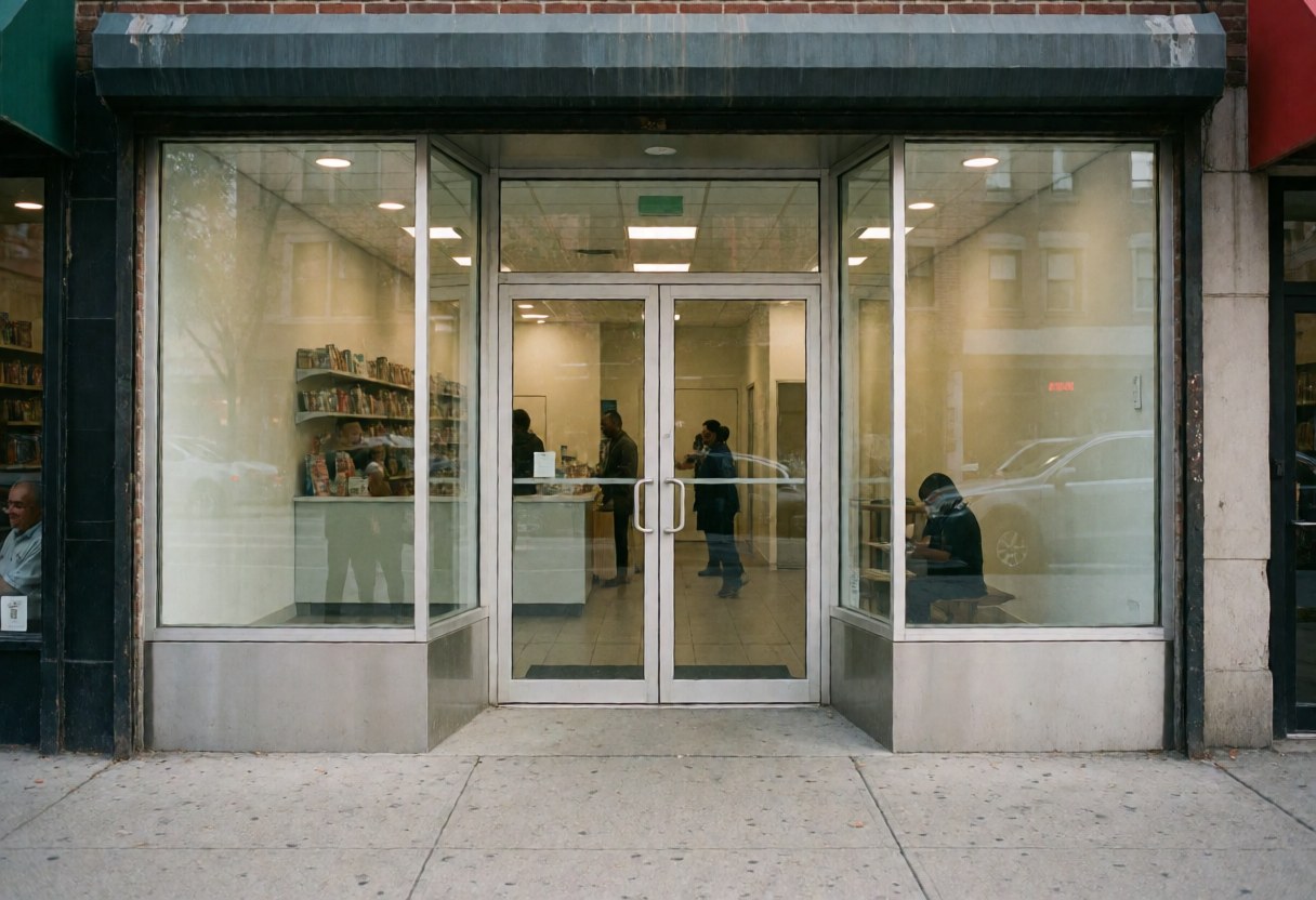 Bookstore facade with glass entrance, showing people inside and car reflections in the windows.