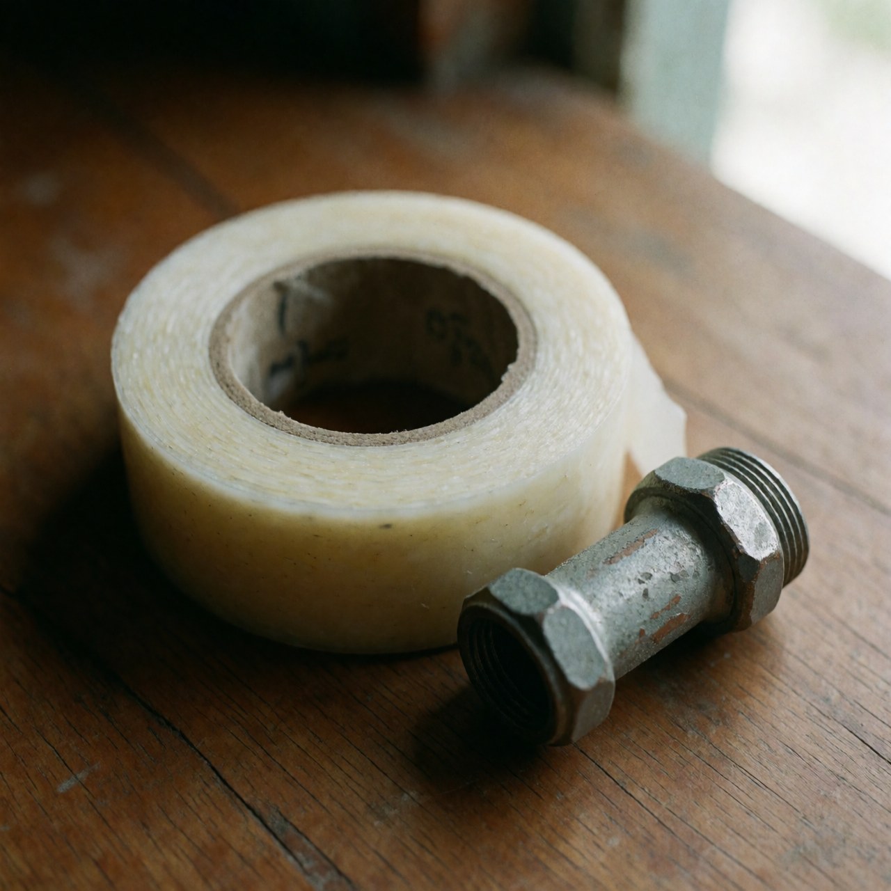 PTFE tape and metal pipe fitting on a wooden table.