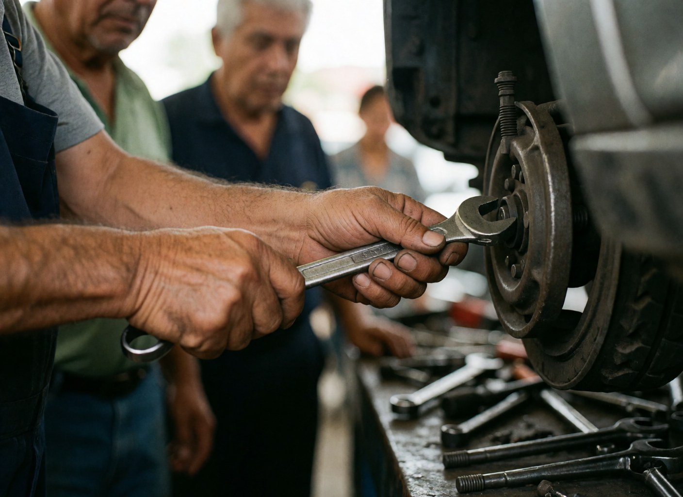 Mechanic tightening a wrench on a car wheel in a garage workshop.