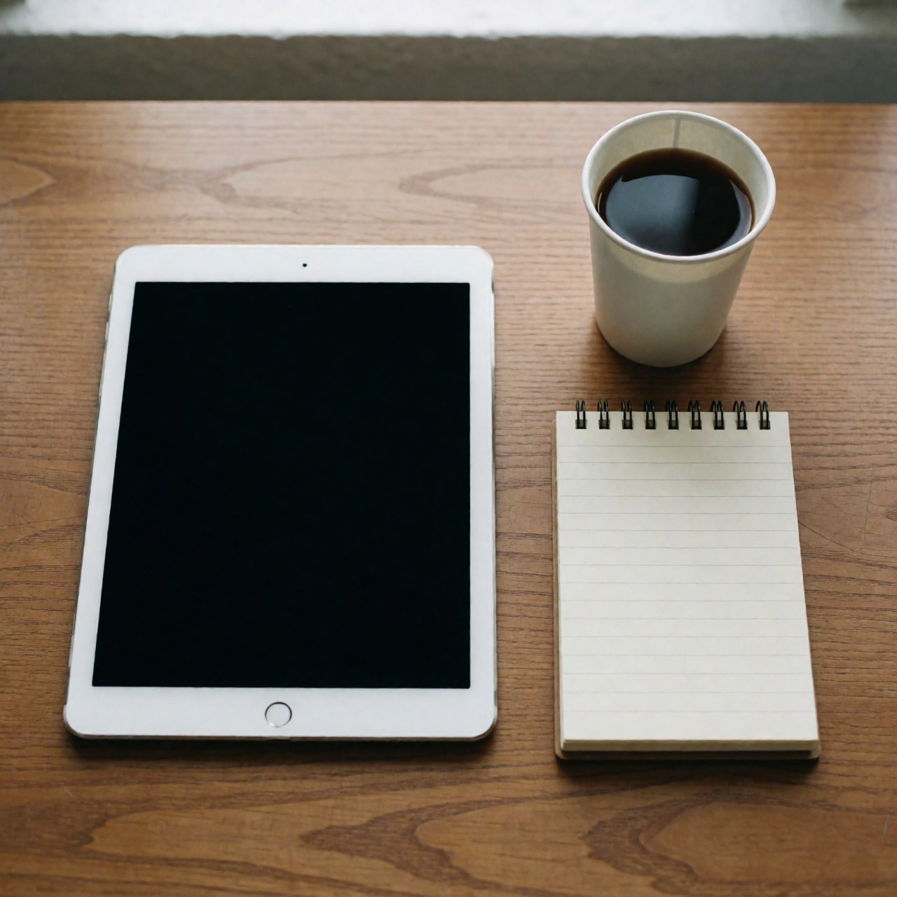 Tablet, coffee cup, and notebook on a wooden desk in a workspace.