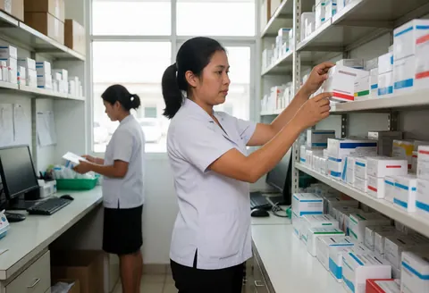 Two pharmacists in a pharmacy organizing boxes of medications on metal shelves.