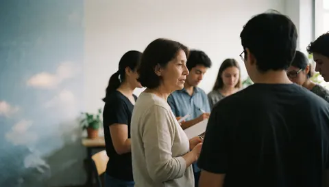 Adult teacher instructing a group of young students in class with a painted sky wall.