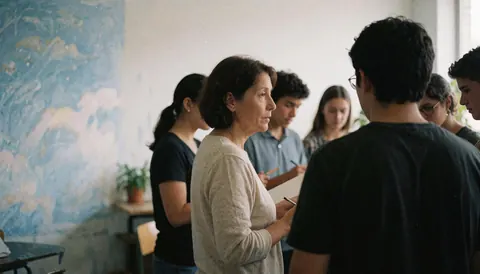 Adult teacher instructing a group of young students in class with a painted sky wall.