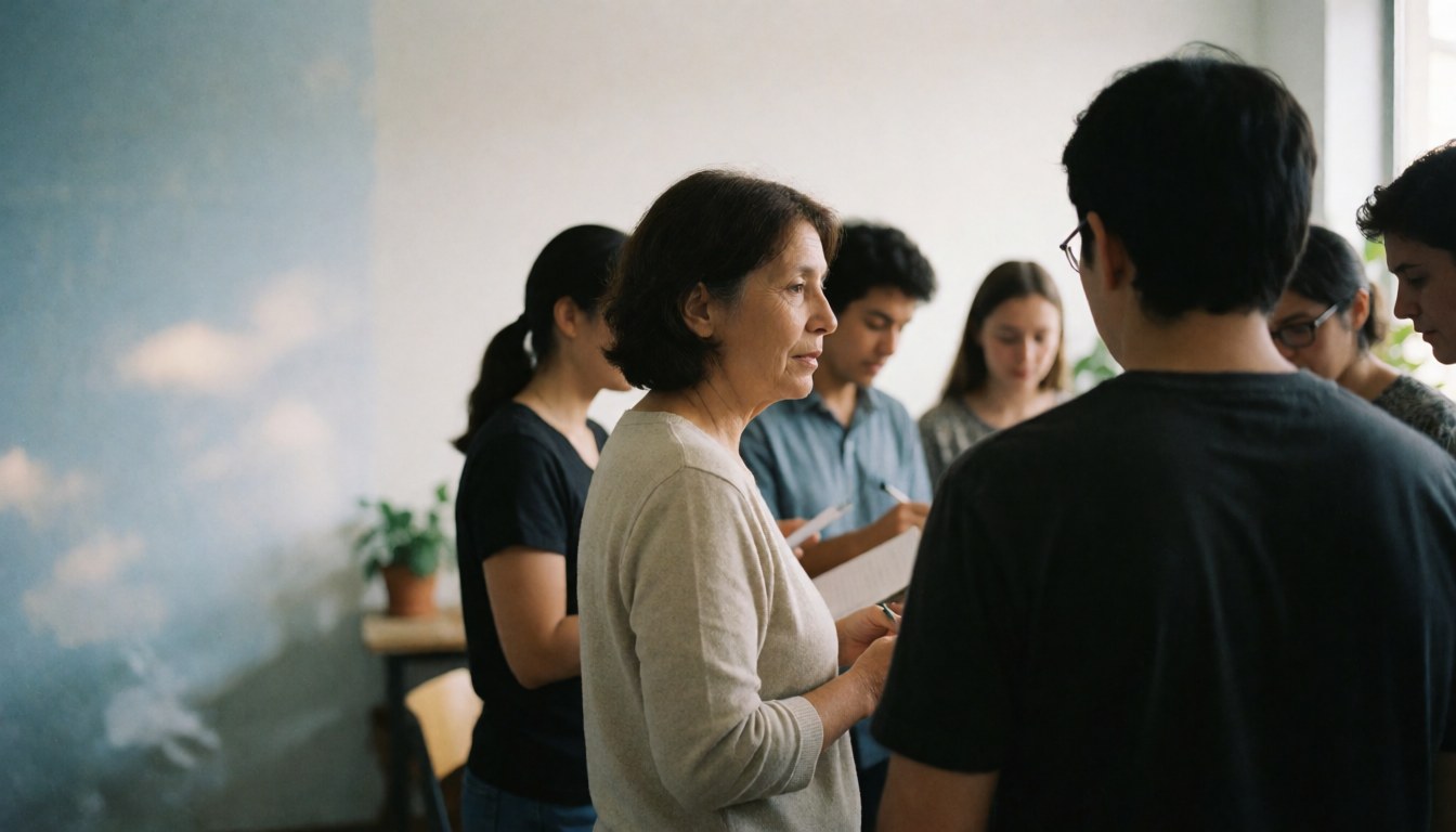 A language teacher stands in front of a class, engaging with students in a bright room featuring light walls and indoor plants for a natural atmosphere