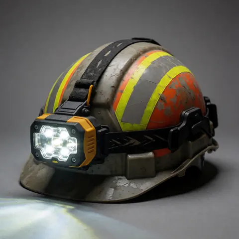 Work helmet with LED light on, reflective stripes, and dirt and paint stains.