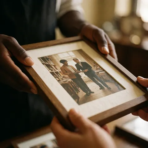 Close-up of a hand handing a framed photograph to a customer in a photo studio with warm lighting