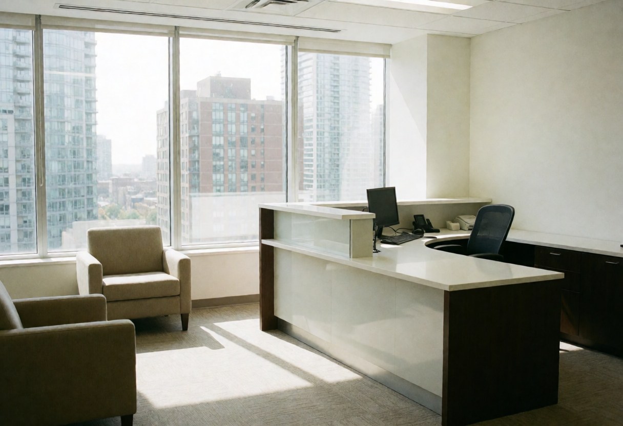 Modern reception desk with white counter, chairs and panoramic view of skyscrapers in a city office.