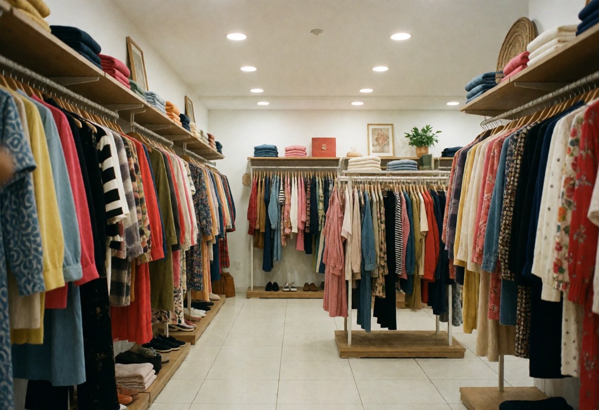 A tidy clothing store aisle with white floors, bright lighting, and racks filled with colorful garments