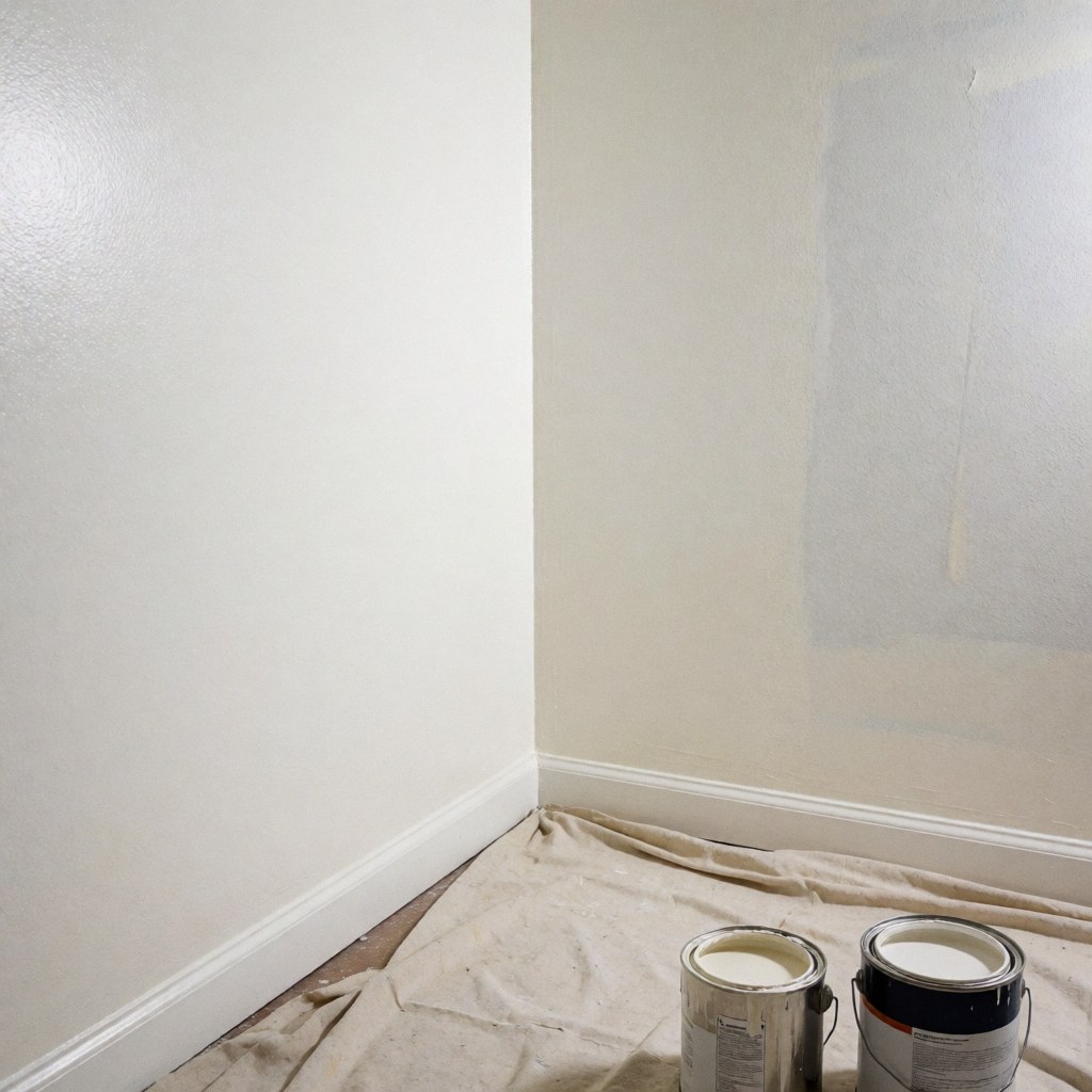 Interior wall freshly painted with canvas and paint cans showing professional and clean finish
