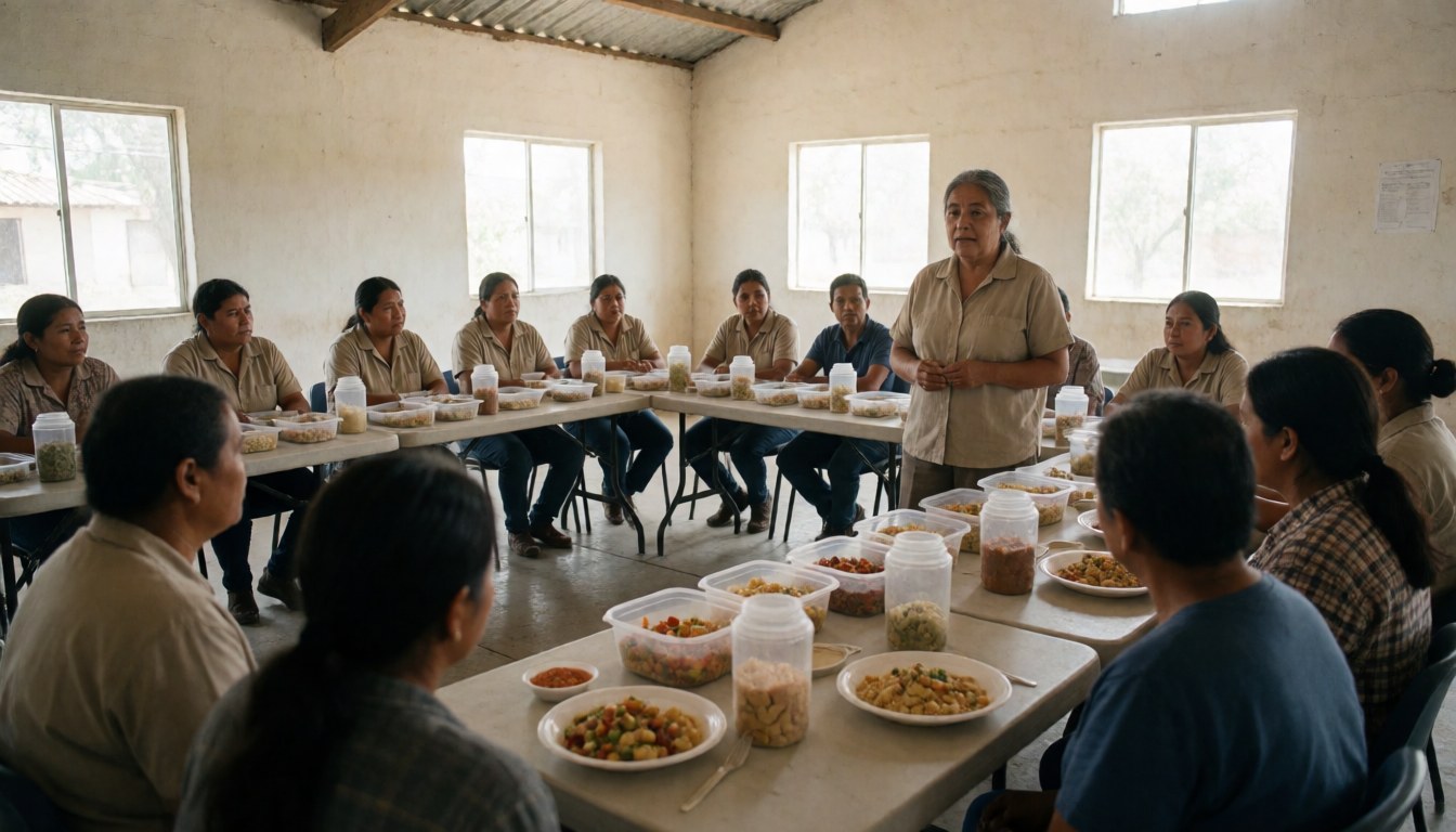 Diverse group of people sitting around tables with healthy food during a community nutrition workshop led by an instructor