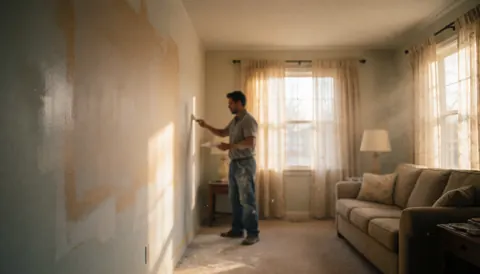 A painter applying fresh paint to living room walls illuminated by natural light and curtains