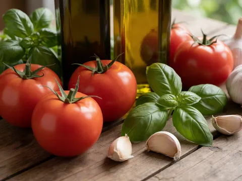 Red tomatoes, fresh basil leaves, and garlic cloves arranged on a rustic wooden table with natural lighting