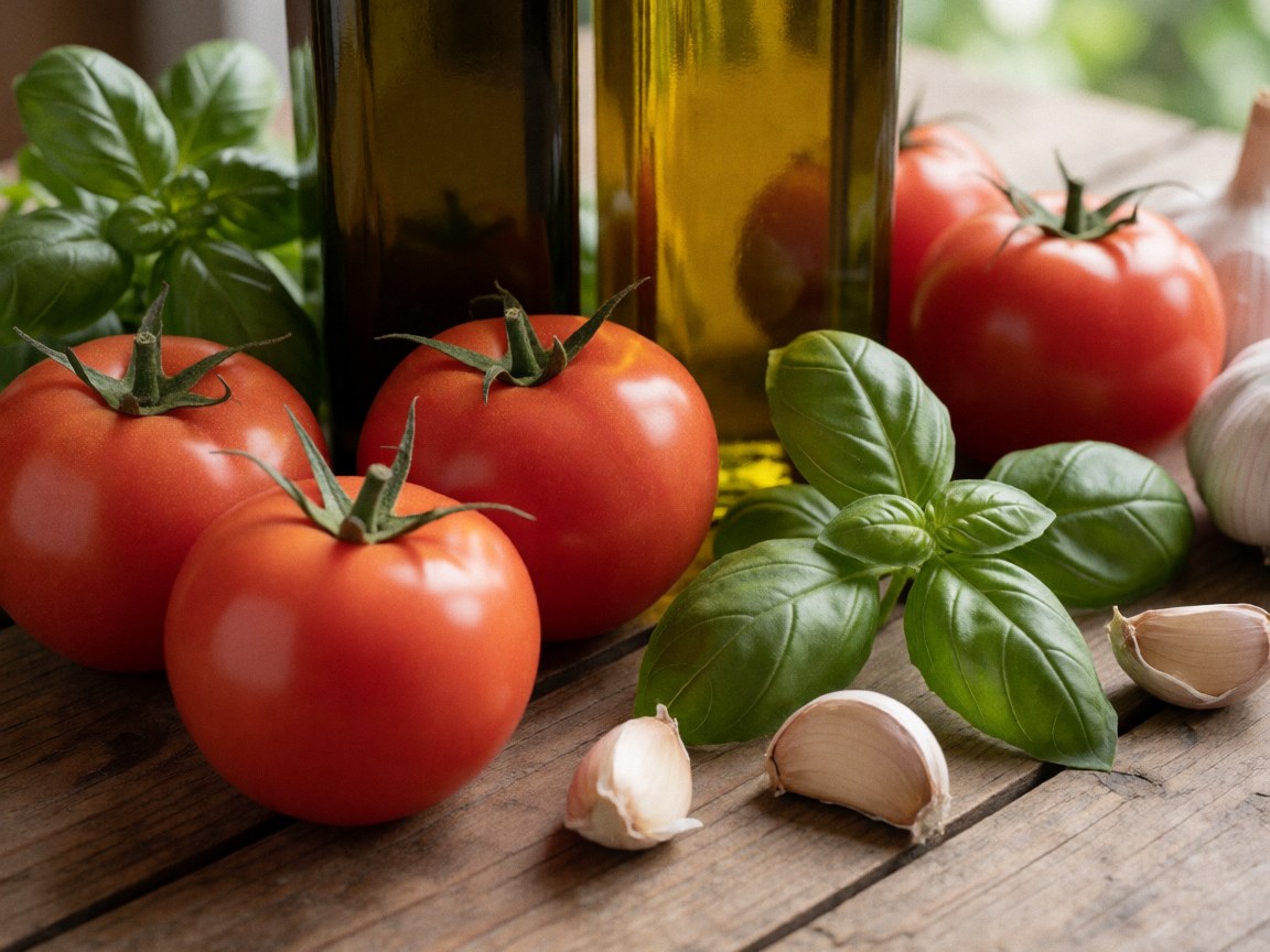 Red tomatoes, fresh basil leaves, and garlic cloves arranged on a rustic wooden table with natural lighting