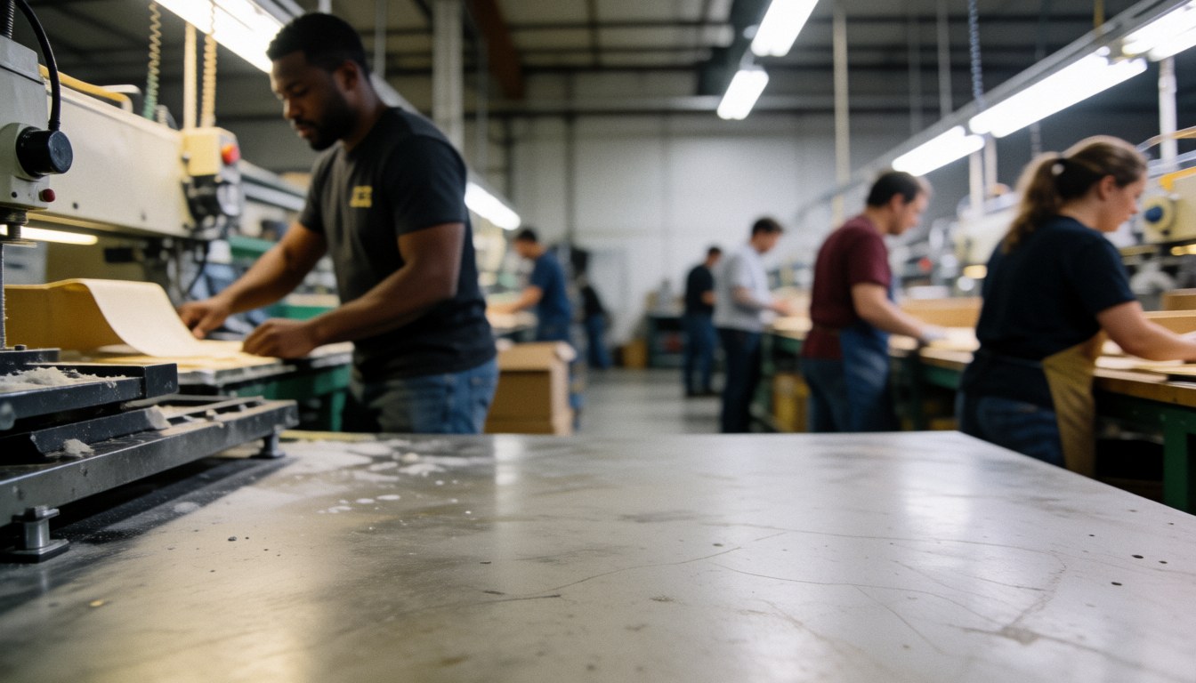 Workers in a wood factory working with machines and wooden planks.