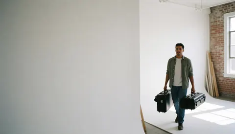 A man walks carrying two black suitcases in a studio with white walls and a brick window.