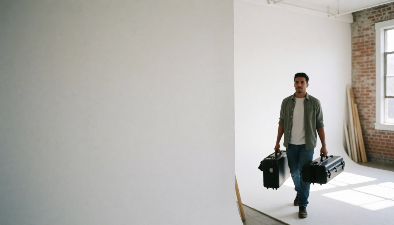 A man walks carrying two black suitcases in a studio with white walls and a brick window.