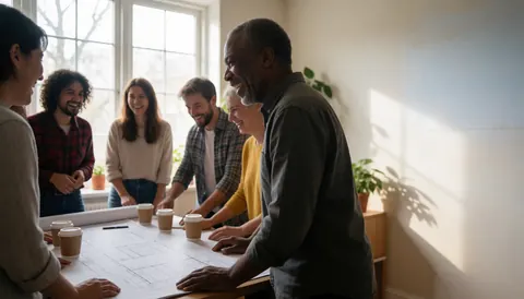 Group of people reviewing architectural blueprints in an office with natural light.