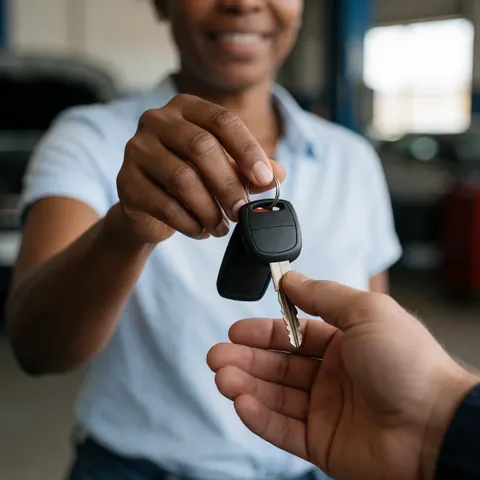 A person hands over car keys to another person in an auto repair shop.