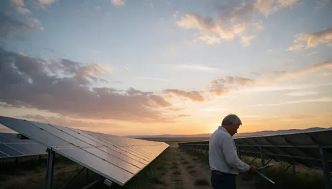 A man in a white shirt inspects solar panels in a field at sunset, holding a digital device.