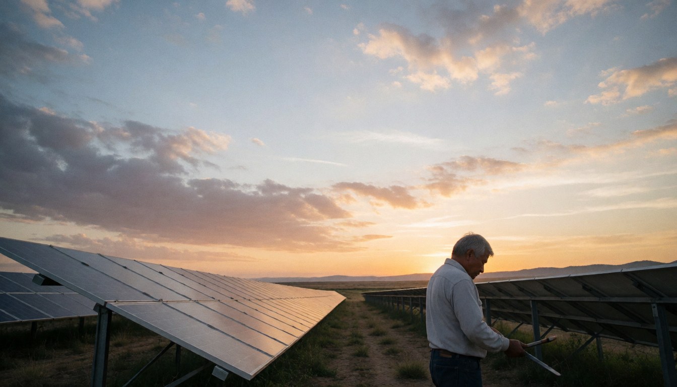 A man in a white shirt inspects solar panels in a field at sunset, holding a digital device.