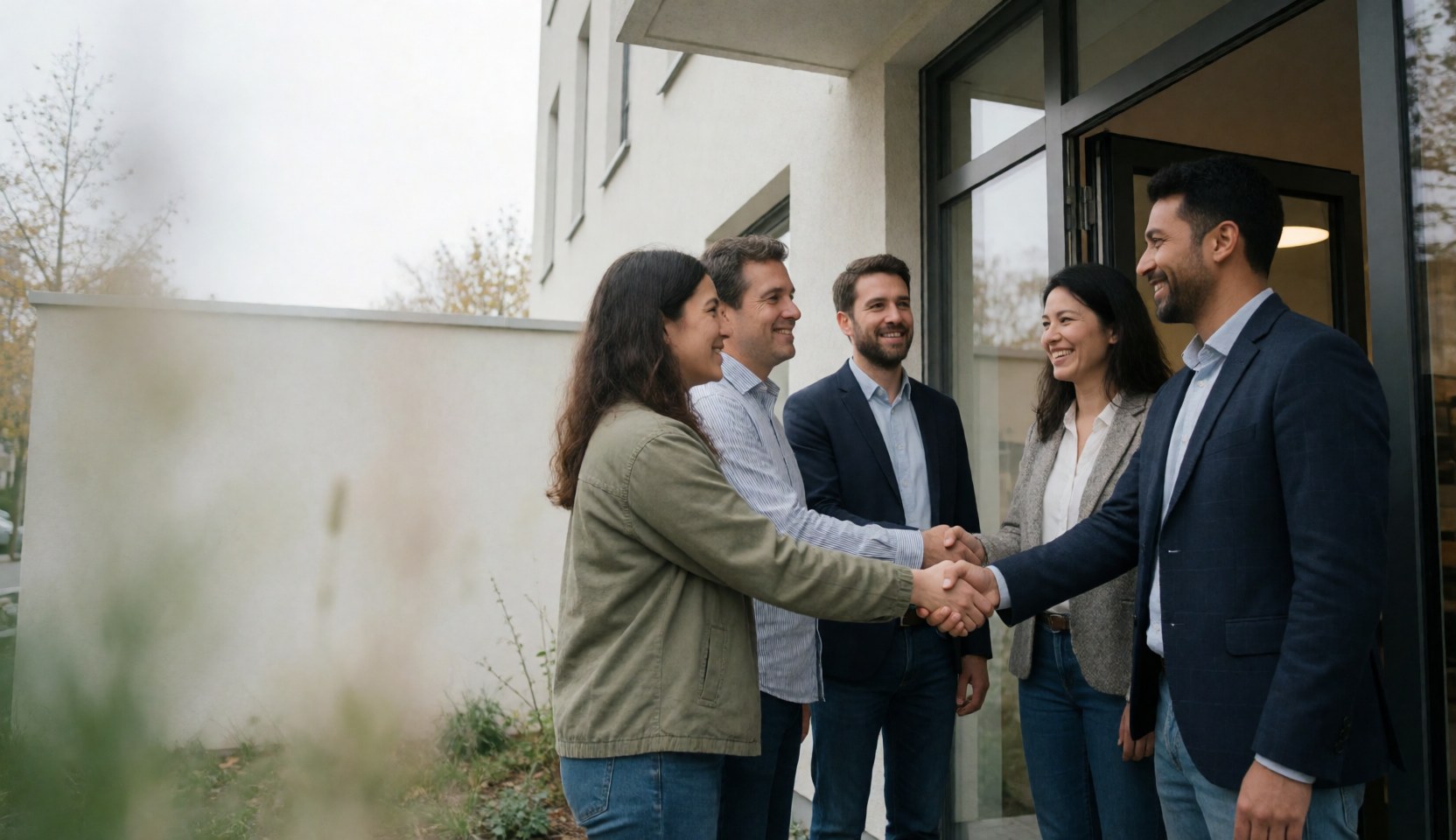 Four adults shaking hands in front of a modern community center, smiling and wearing casual professional attire in a natural setting