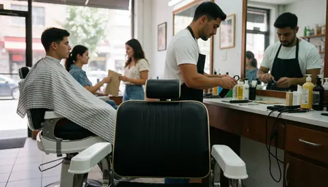Barber with apron cutting hair on seated customer in barbershop, with other people in background.