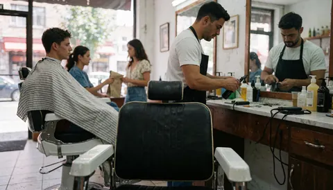 Barber with apron cutting hair on seated customer in barbershop, with other people in background.