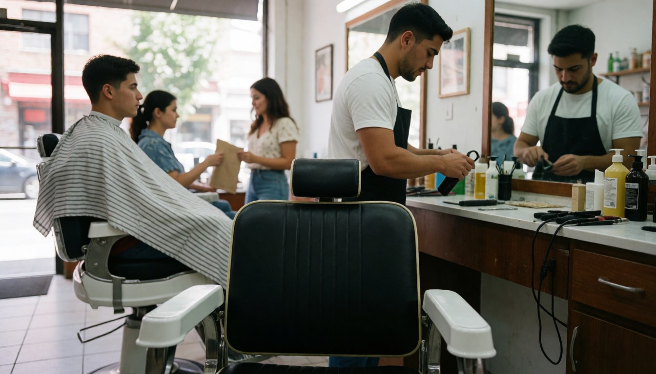 Barber with apron cutting hair on seated customer in barbershop, with other people in background.