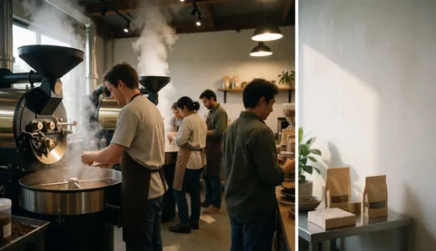 A group of people working at a coffee roastery, with coffee roasting machines and bags of coffee on a table.