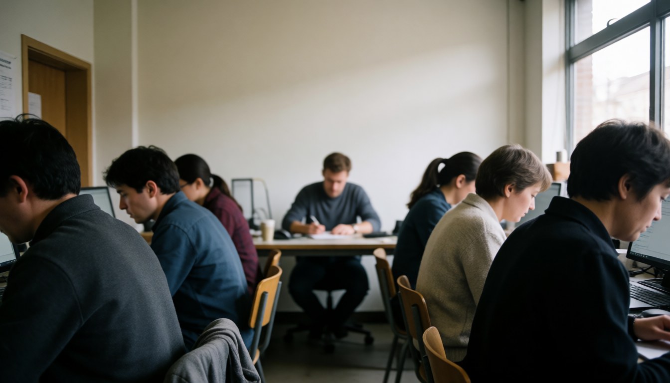 Group of people working on computers in an office room with natural light.