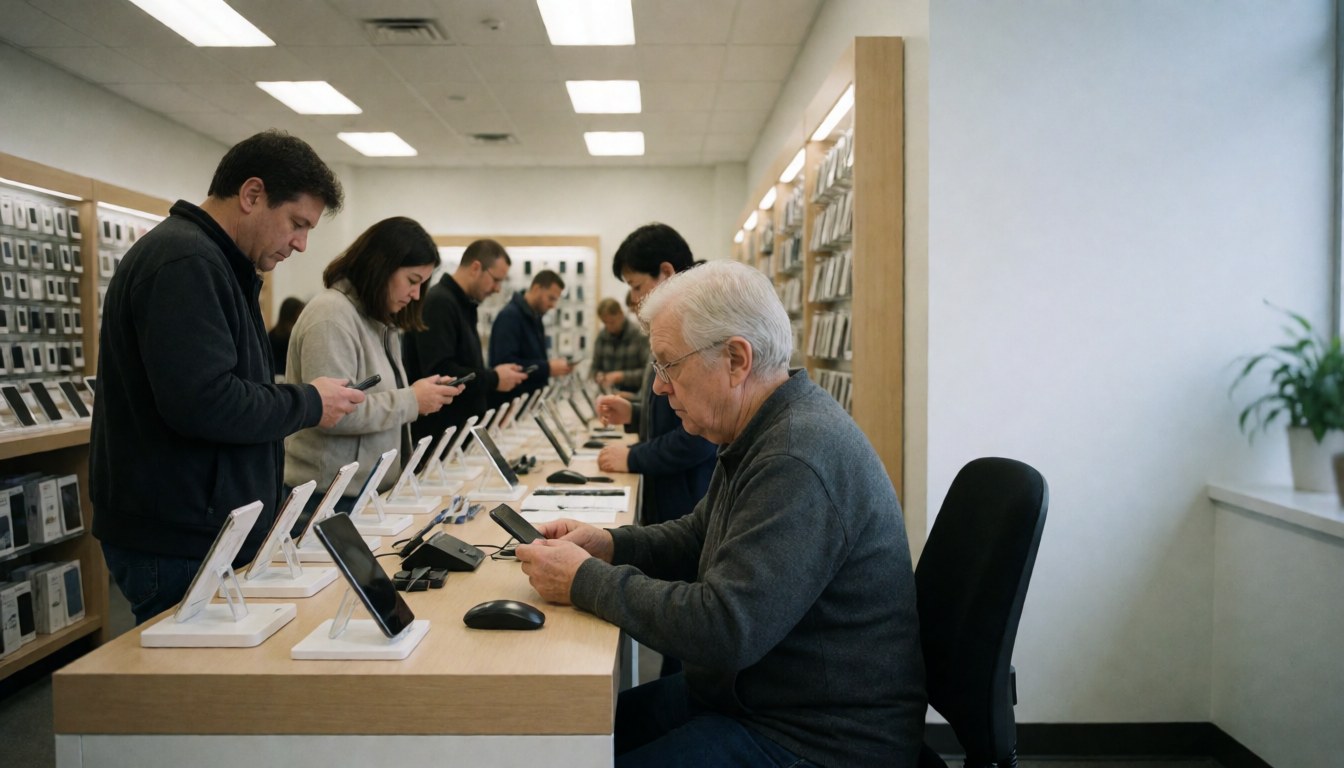 Customers of various ages testing phones on display counters in a technology store.
