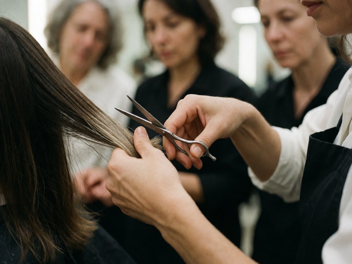 A hair stylist cuts hair with scissors while others watch in a beauty salon.